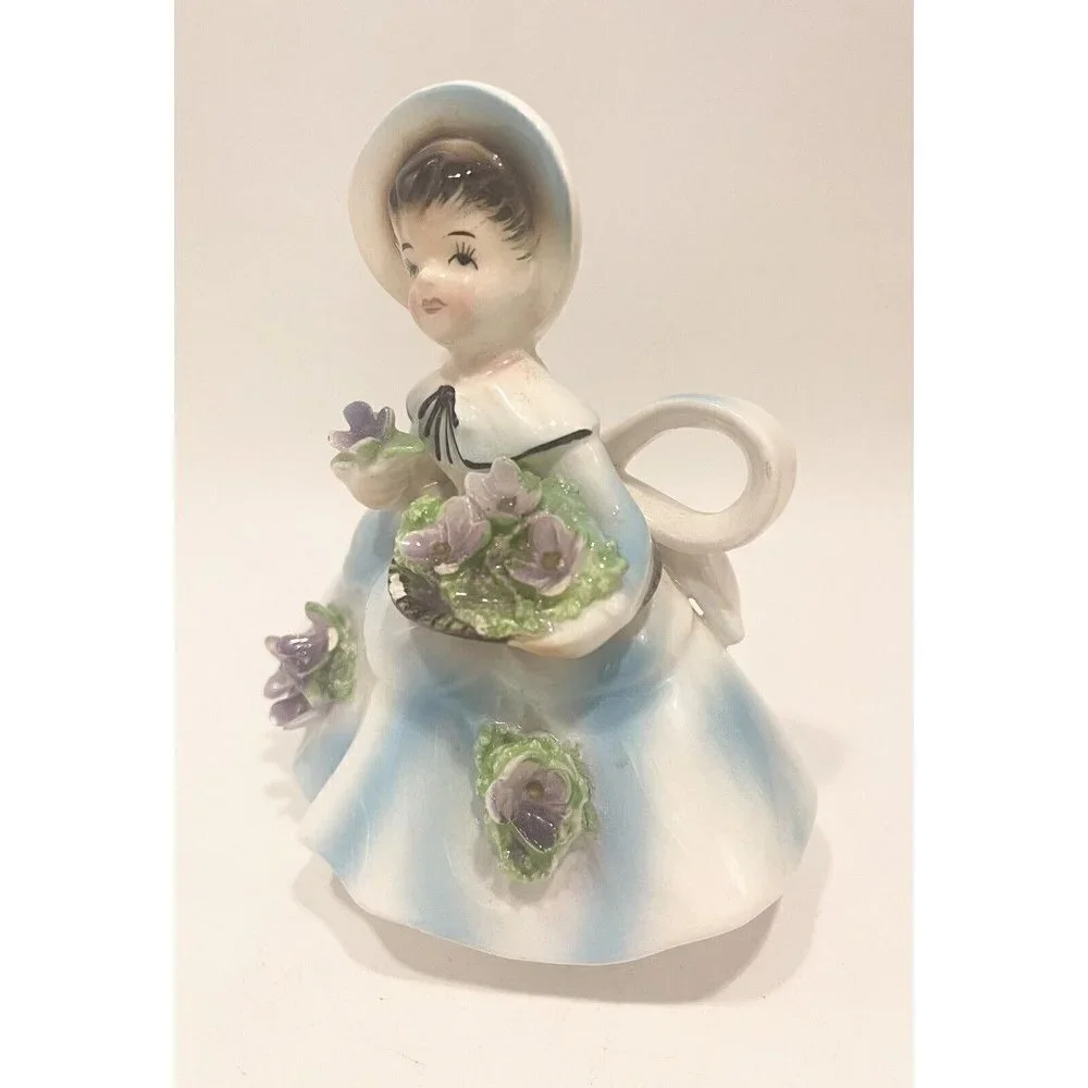 Vintage Flower Girl Figurine Blue Dress Purple Flowers Big Bow Lefton? 1853 TLCO
